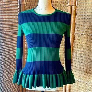 Ann Taylor Green & Blue Ruffle Cuffs Long Sleeve Rib Knit Peplum Sweater